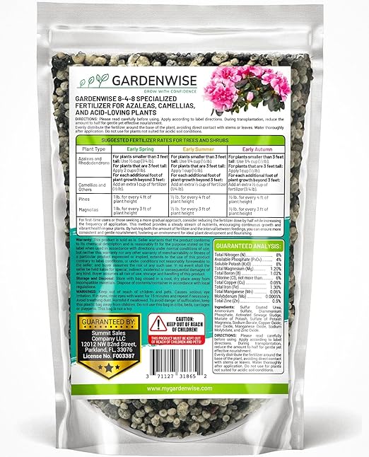 GARDENWISE 8-4-8 Acidic Fertilizer for Azaleas, Camellias (Camelia), Hydrangeas, Blueberries, Gardenias, Magnolia Trees, Evergreens, and Rhododendrons - Ideal Iron-Rich Plant Food (2 QUARTS)