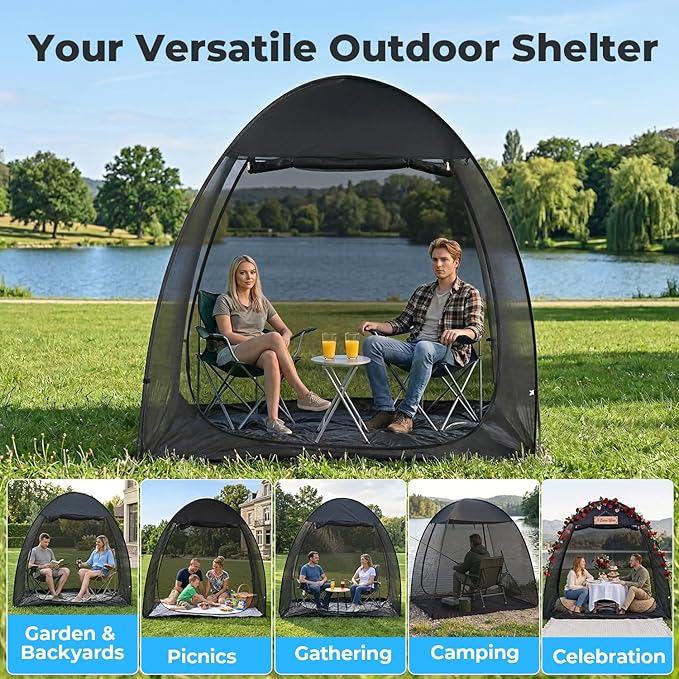 Alvantor® Pop Up Screen House Tent, Snap-fit Mesh Screen Gazebo with Peaked Roof, Portable Screen Room Canopy Shelter with Sandbags for Camping, Backyard, Picnic