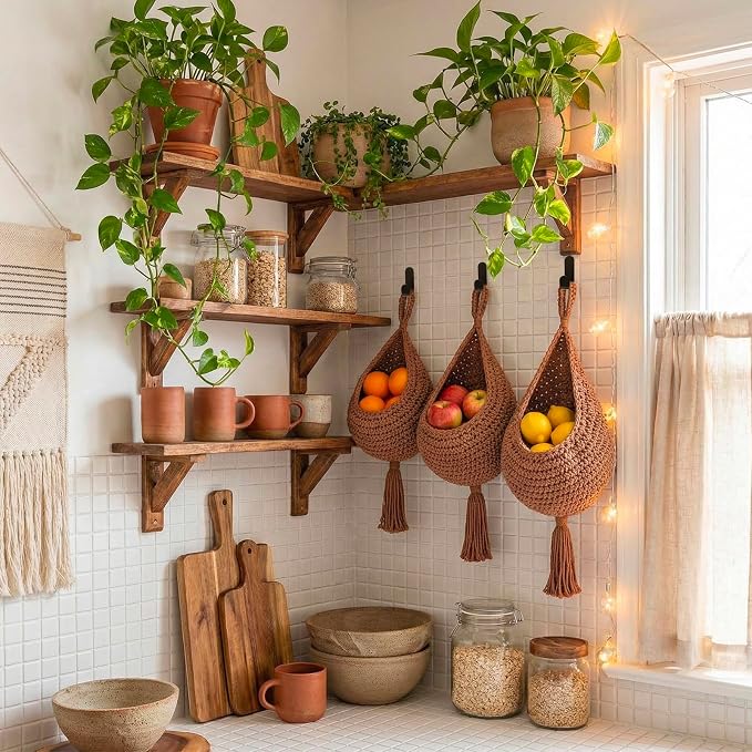 Honeydak 3 Hanging Baskets, White, Tassel, Cotton Rope | Wicker Wall Baskets with Hooks for Fruit Vegetable Onion Storage, Teardrop Organizer for Kitchen, Boho Farmhouse Decor