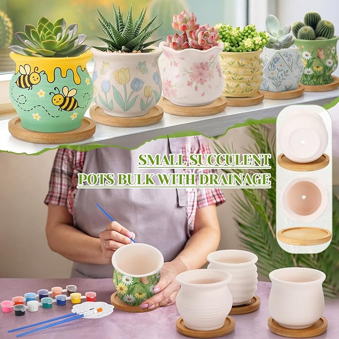 Leitee Flower Pots 3 Inch Paint Your Own Ceramic Pot Craft Kit Ready-to-Paint Small Succulent Pots Bulk with Drainage Hole Paint Set Mini Paintable Plant Vase for Spring Birthday DIY Gift(30pcs)