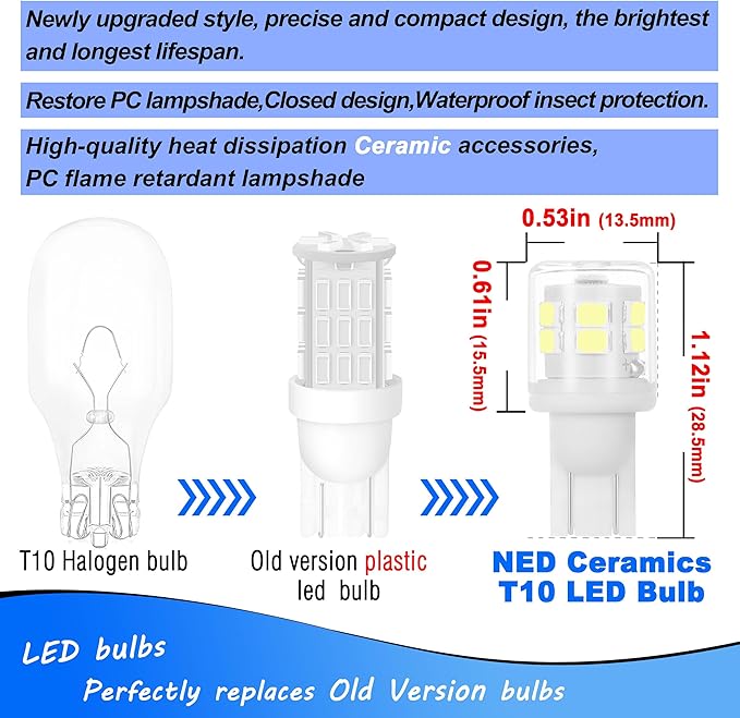 Heifymi T10 T5 921 912 168 194 RV Interior Light Bulbs 2W 6000K Daylight White AC/DC 12V-24V Replacement for Camper Trailer Motorhome Marine Boat Dome Lights Outdoor Landscape Path Lighting, 3 Pack