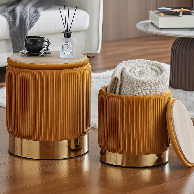 Round Ottoman with Storage, Orange Velvet, Set of 2