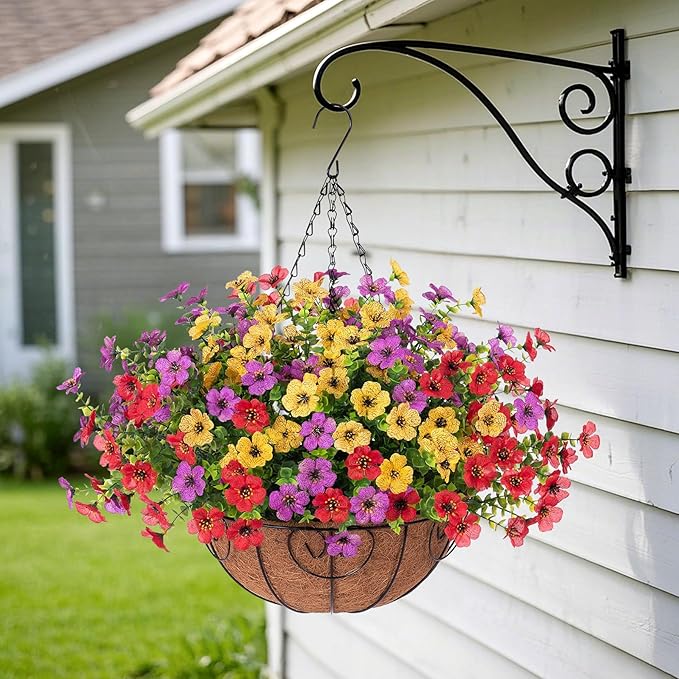 Ammyoo Artificial Faux Hanging Plants Flowers Basket for Spring Outdoor Decoration, Fake Silk Daisy UV Resistant Look Real with Eucalyptus Leaves Summer Outside Decor for Home Patio Garden