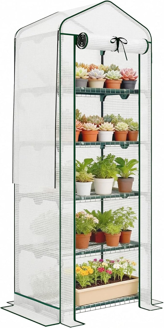 Outsunny 5 Tier Mini Greenhouse with Screen Roof, 27.6" x 19.7" x 75.6", Portable Small Greenhouse with High Strength PE Cover, Roll-Up Zipper Door for Garden Yard Backyard, White