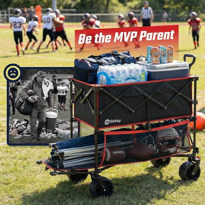 Sekey 500LBS Heavy Duty Double Decker Wagon with Extender, 400L Large Capacity Collapsible Garden Cart Fits 10x10 Canopy, All-Terrain Big Wheels with Brakes, Foldable Utility Wagon for Sports, Camping