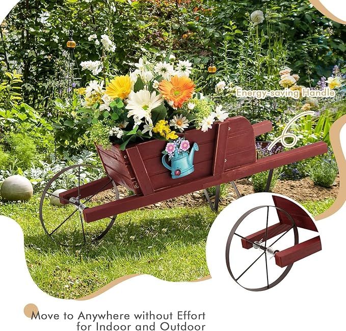 HAPPYGRILL Wooden Wagon Planter, Small Flower Planter Box w/Triangular Metal Support, 2 Energy-Saving Handles, Movable Wheel, Wood Wheelbarrow Cart Pot for Garden Backyard Holiday (Red)