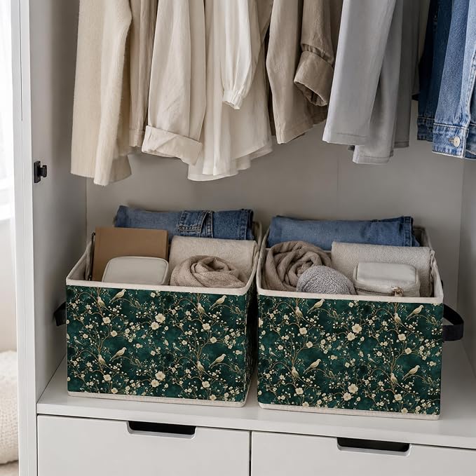 Emerald Green Chinoiserie Floral Bird Storage Bins Box, Elegant White Flower Botanical Collapsible Storage Basket Clothes Toys Books Organizer for Bedroom Laundry Room Home Decor