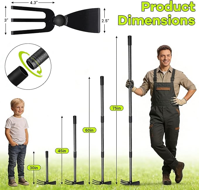 Hoe Garden Tool, 30-75 Inch Adjustable Garden Hoe Long Handle for Weeding, 2 in 1 Heavy Duty Hoe Cultivator Hand Garden Tools for Gardening Planting