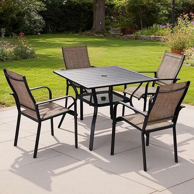 Patio Chairs Set of 4, Outdoor Dining Chairs Set of 4, High Back Wide Seat Patio Furniture Chairs with All Weather Breathable Textilene, for Lawn Garden Backyard,with Armrests,Brown(4 PCS)