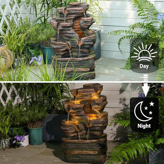 Bumilgar 24.2" H 6-Tier Outdoor Water Fountain, Features Rock Garden Waterfall Fountains with Warm Lights, Floor-Standing for Patio, Backyard, Deck, Porch, Home Décor, Brown