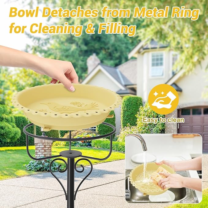 40In Bird Bath for Outside,Freestanding Birdbath & Birdfeeder with Metal Stake,Vintage Birdbaths Water Bowl with 5 Prongs Base for Outdoor Garden Yard Decor (Beige)