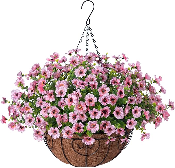 Ammyoo Artificial Faux Hanging Plants Flowers Basket for Spring Outdoor Decoration, Fake Silk Daisy UV Resistant Look Real with Eucalyptus Leaves Summer Outside Decor for Home Patio Garden