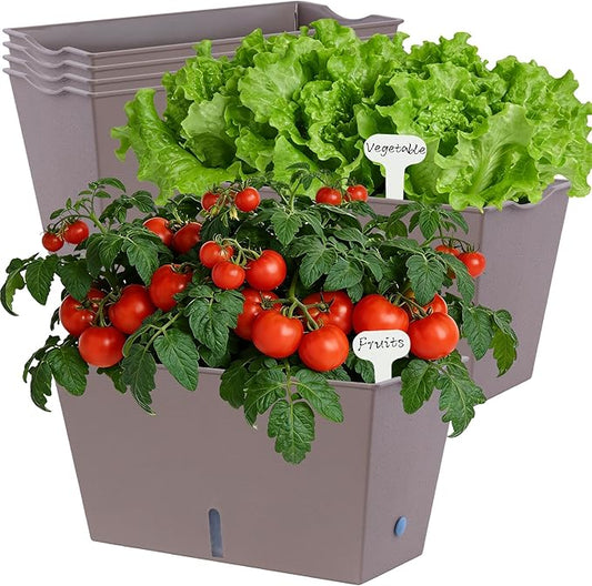 Oliz Window Box Planter 6 Pcs, 12.6 Inches Self Watering Rectangle Flower Plant Pots with Drainage Holes & Breathable Trays, Vegetable Planters for Windowsill Patio Garden Balcony Porch Yard (Khaki)