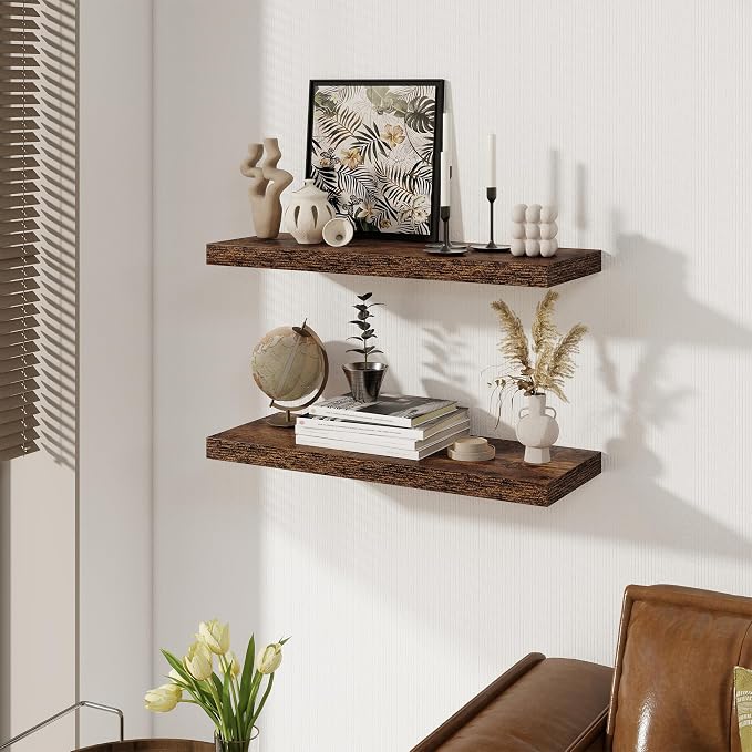 Floating Shelves for Wall, 27.5 Inch Bathroom Shelves Set of 2, Rustic Wood Wall Shelf with Invisible Brackets for Books|Storage|Decor, 8 Inch Deep Floating Shelf for Bedroom|Kitchen, Rustic Brown