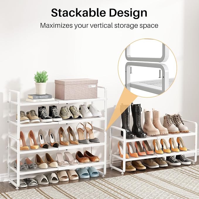 Expandable Metal Shoe Rack for Closet, Entryway & Garage, 2-Tier, White