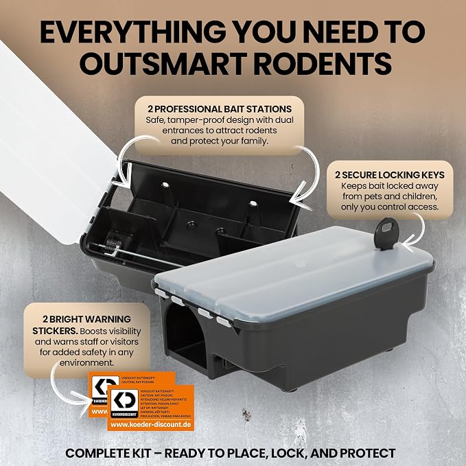 Lockable Rat & Mouse Bait Stations (4-Pack) – Secure Bait Box with Clear Lid & Dual-Entry Design – Weather-Resistant, Reusable (Bait Not Included)