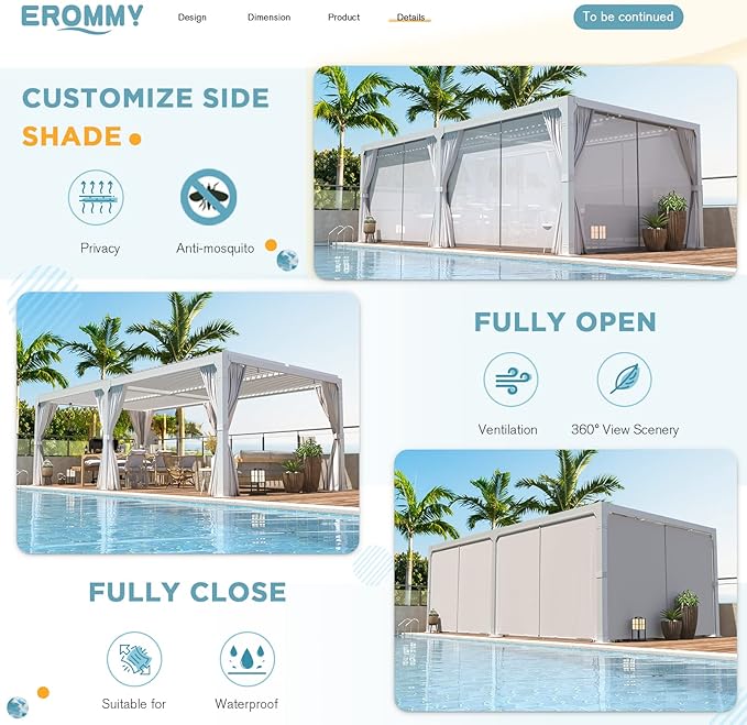 EROMMY Louvered Pergola 12x20, Outdoor Aluminum Pergola with Adjustable Rainproof Roof for Garden, Patio, Deck, Waterproof Curtains and Netting Included, White