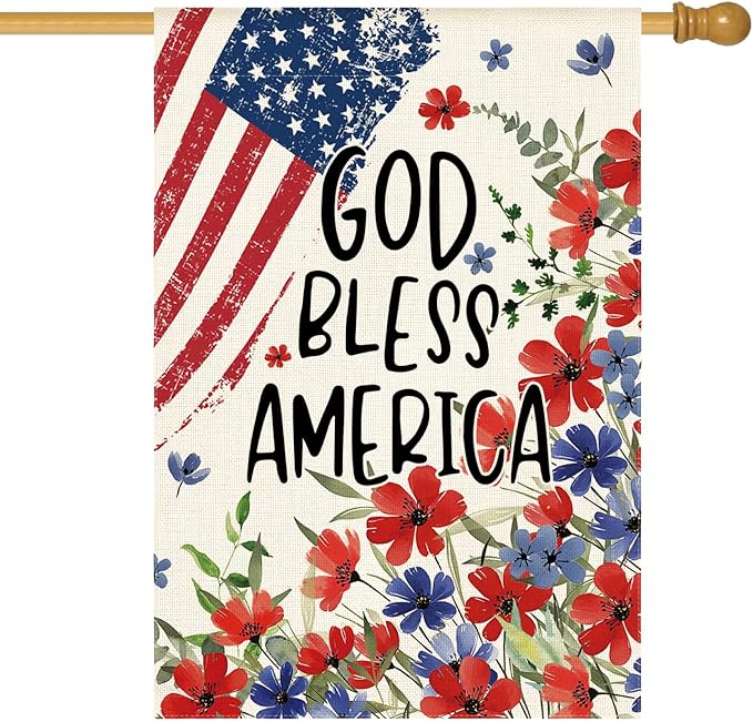 AVOIN colorlife 4th of July Patriotic Memorial Day House Flag 28x40 Inch Double Sided Outside, American Stars and Stripes God Bless America Floral Yard Outdoor Decoration