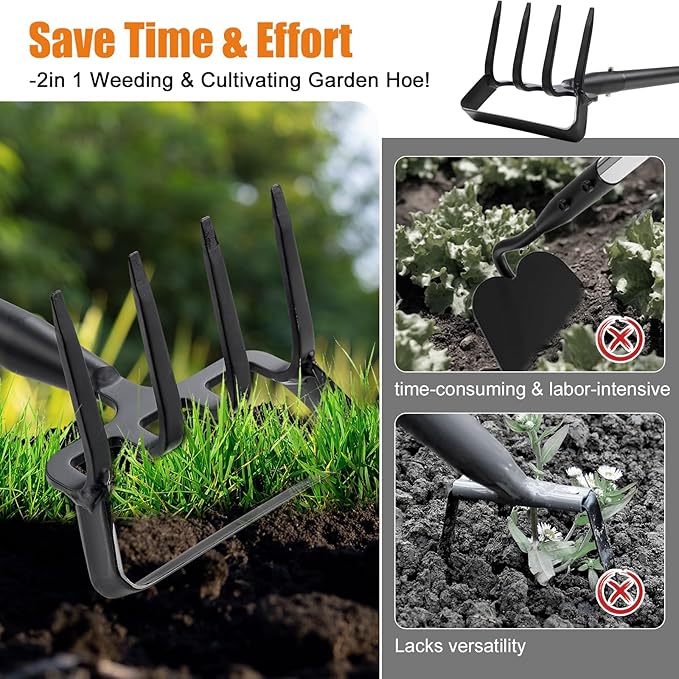Garden Hoe with Cultivator Rake - Heavy Duty Stirrup Hoe Gardening Tool,Sharp Blade,60 Inch Adjustable Long Handle,Scuffle Action Hoes for Fast Weeding,Grass Weeder Removal,Loosen Soil