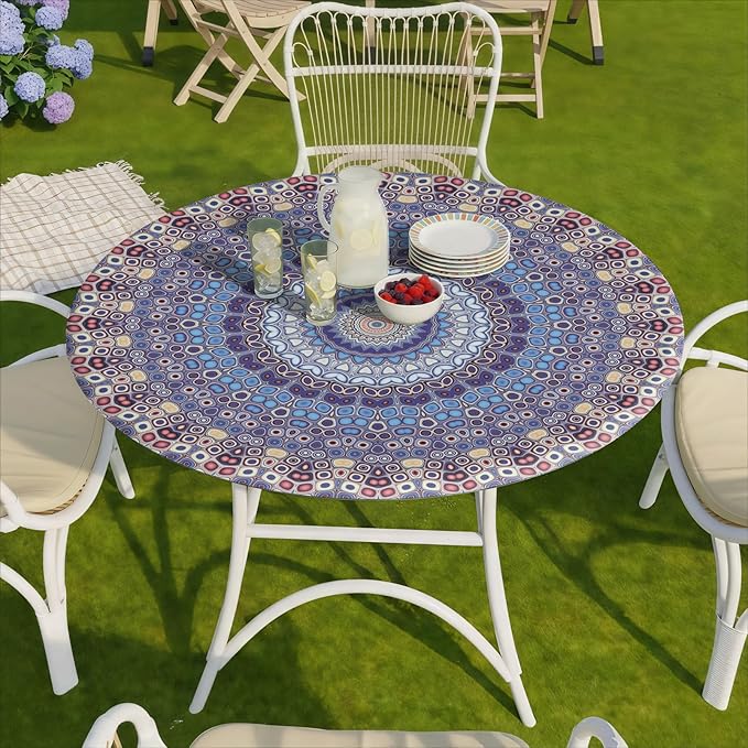 Fitted Vinyl Round Tablecloth for 36-44" Table Boho Waterproof Reusable Summer Fall Tableclothes Campers Inside Outdoors Supplies Dining Room Kitchen Needs White Elephant Gifts