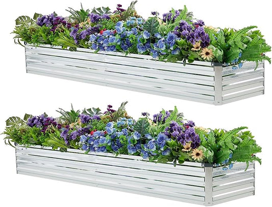 Meberam 2 Pack 8x2x1FT Galvanized Raised Garden Beds Kit Outdoor Metal Gardening Planter Box for Vegetable Elevated Flower Herbs,Silver