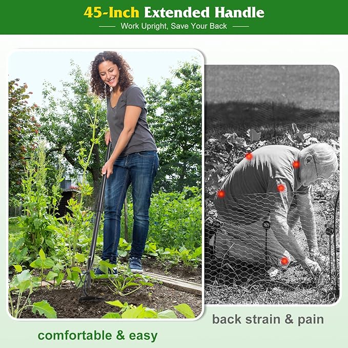 COCONUT 2-in-1 Garden Hoe, 45" Weeding & Cultivating Tool with Curved Tines & Sharp Blade, Stand-Up Design Saves Your Back, for Loosening Soil in Vegetable Garden & Flower Beds