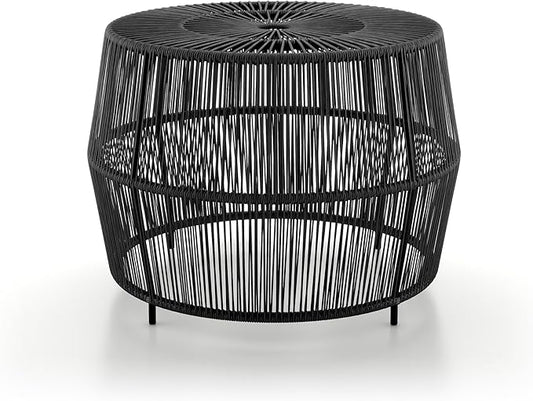 Furniture of America Ysar Boho Rattan Round Coffee Table Outdoor with Metal Frame, All-Weather and Rust Resistant, Handcrafted Coastal Furniture for Patio, Poolside, Garden, Yard, Black