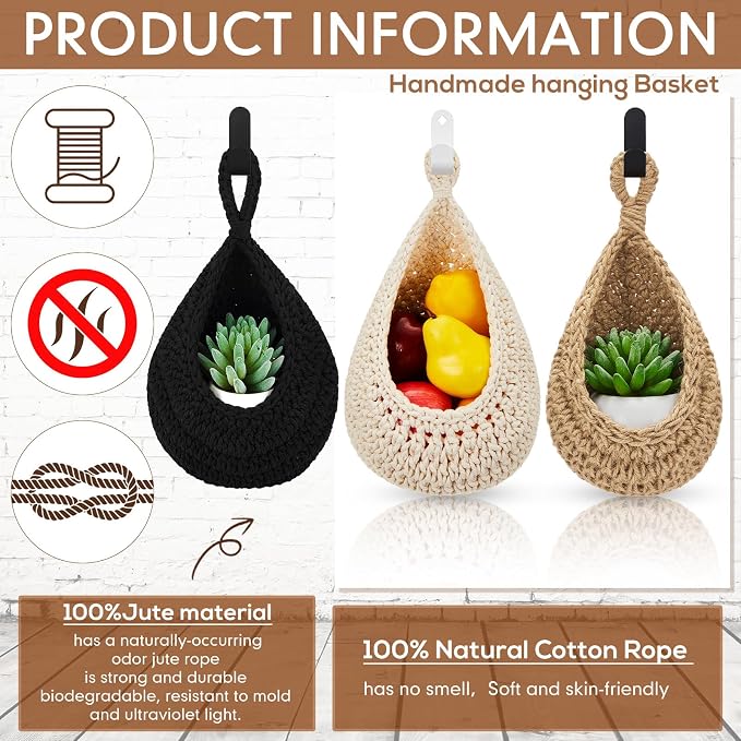 Honeydak 3 Hanging Baskets, Black, Teardrop, Cotton Rope | Wicker Wall Baskets with Hooks for Fruit Vegetable Onion Storage, Teardrop Organizer for Kitchen, Boho Farmhouse Decor