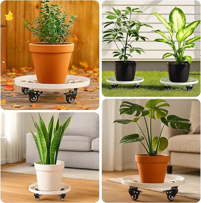 3 Packs Large Metal Plant Caddy 12.6 Inches Plant Dolly with Wheels Heavy-duty Rolling Wheeled Plant Stand with Casters for Indoor Outdoor Plant Dolly Mover Rollers Coasters White, Strong Load Capacity