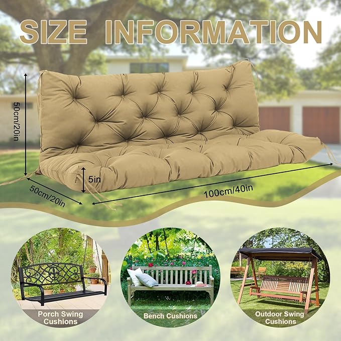 Premium 5" Thick Waterproof Porch Swing Cushions Sturdy Durable 2 Seat Replacement Outdoor Swing Cushions with Backrest&Ties Bench Cushion for Outdoor Furniture Backyard Patio Garden