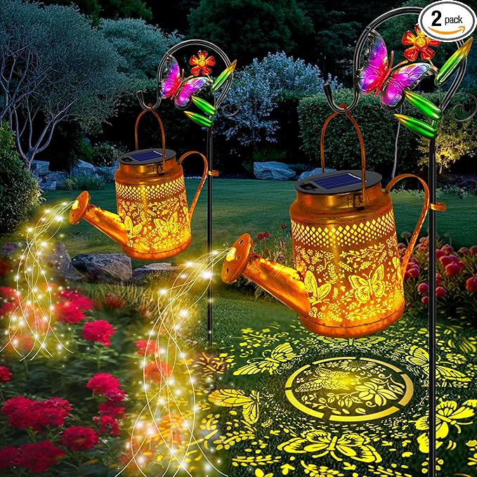 2 Pack Solar Butterfly Watering Can Lights, Gifts for Mom Grandma Women Wife Daughter Mother's Day, Waterproof Outdoor Decor Lights with Shepherd Hook, Hanging Lantern Lights for Yard Garden Backyard