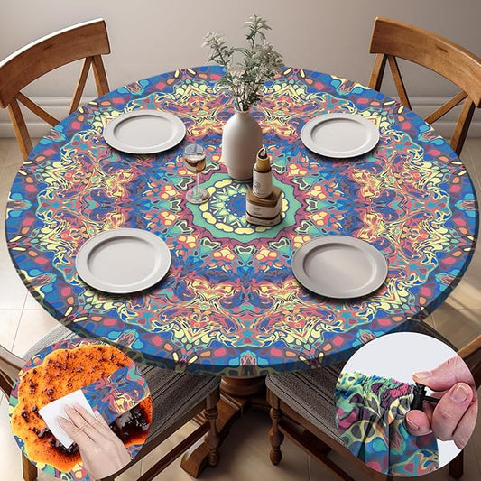 Waterproof Fitted Round Tablecloth Boho Table Cloth Summer Fall Outdoor Circle Cover for 48 Inch 45-54" Table Dining Kitchen Apartment Essentials Picnic Camping Party Decor Housewarming Gift