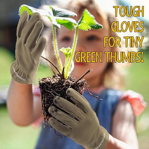 HANDLANDY Kids Genuine Leather Gardening Gloves for age 2-9, Children Work Gloves for Boys, Girls, Toddlers (Khaki, L)