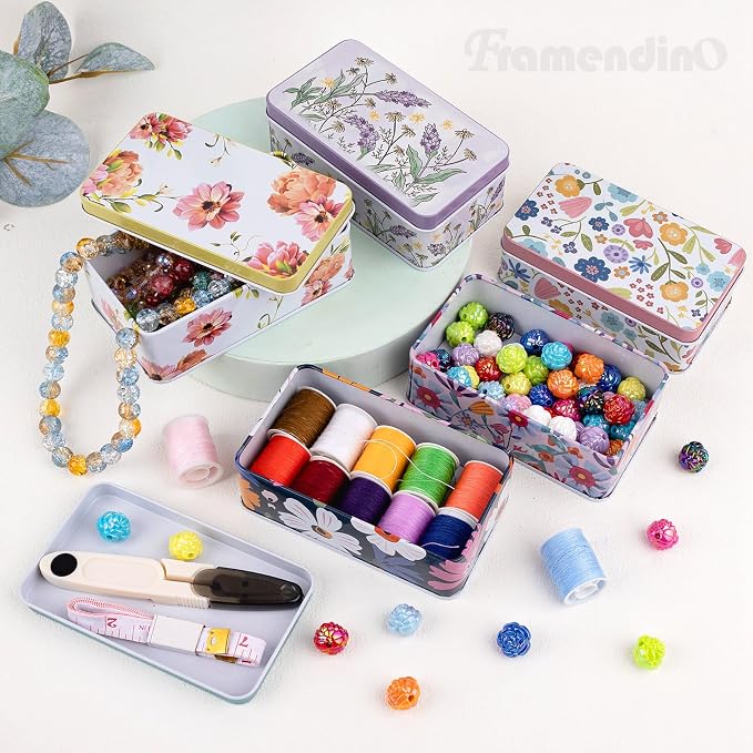 Framendino, 5 Pack Mini Tin Tinplate Coin Boxes Floral Pattern Small Trinket Jewelry Storage Case Containers Box with Lid for Bead (Random Color)