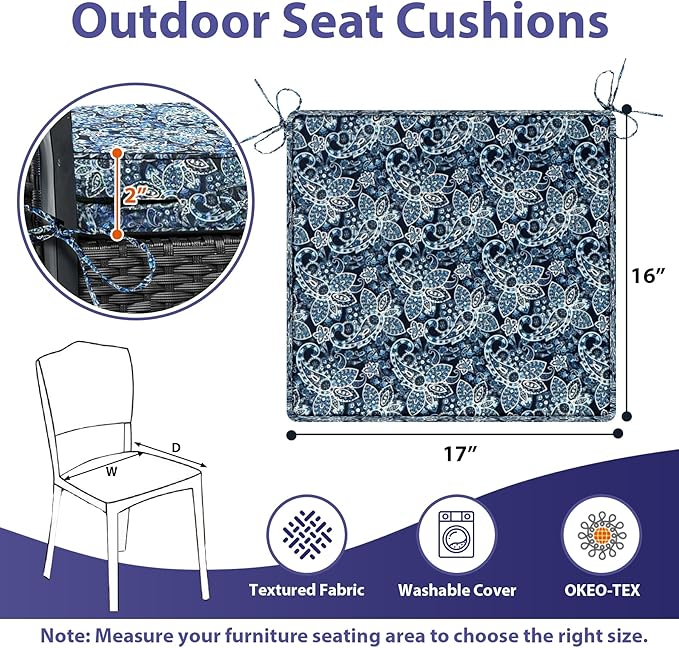 IPYNBAP Outdoor Chair Cushions Set of 4,Waterproof Outdoor Seat Cushions for Patio Furniture,Patio Chair Cushion with Handle and Ties, Out Door Chair Pads,17" x 16" x 2", Green Paisley
