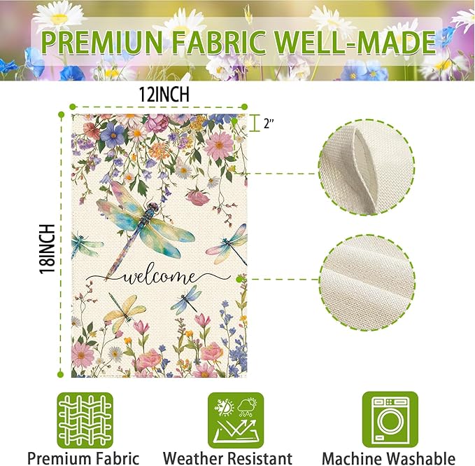 Spring Summer Dragonflies Wildflowers Welcome Garden Flag 12 x 18 Inch Double Sided, Watercolor Floral Burlap Small Yard Flag Holiday Farmhouse Flags for Patio Outdoor Outside Decoration