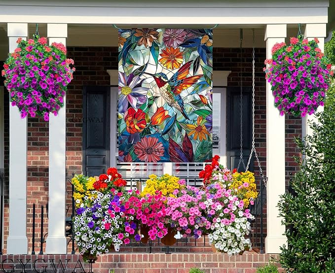 Stained Glass Spring Hummingbird House Flag 28x40 Inch Double Sided for Outside, Colorful Floral Large Burlap Yard Flag for Summer Farmhouse Holiday Outdoor Decorations
