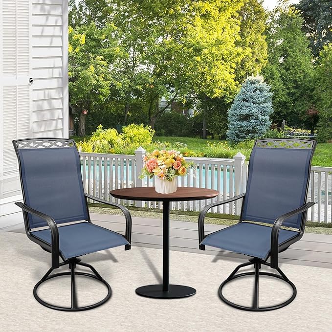 SHGJ&SOFT Patio Swivel Chairs, Waterproof Outdoor Dining Chairs with All-Weather Textilene Mesh for Deck, Garden, and Backyard (Patterned Backrest-Blue, Set of 2)
