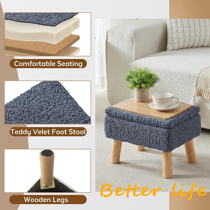 Storage Ottoman, Small Foot Stool Ottoman with Storage, Teddy Velvet Foot Rest with Wood Legs, Footstool for Living Room, Bedroom, Entryway, Blue