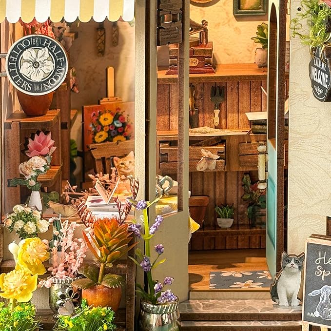 Book Nook Kit - DIY Miniature House Kit for Adults, Teens & Beginners, Spring Flower Shop Dollhouse Booknook Tiny House Bookshelf Decor 3D Wooden Puzzle, Gifts for Family, Friends