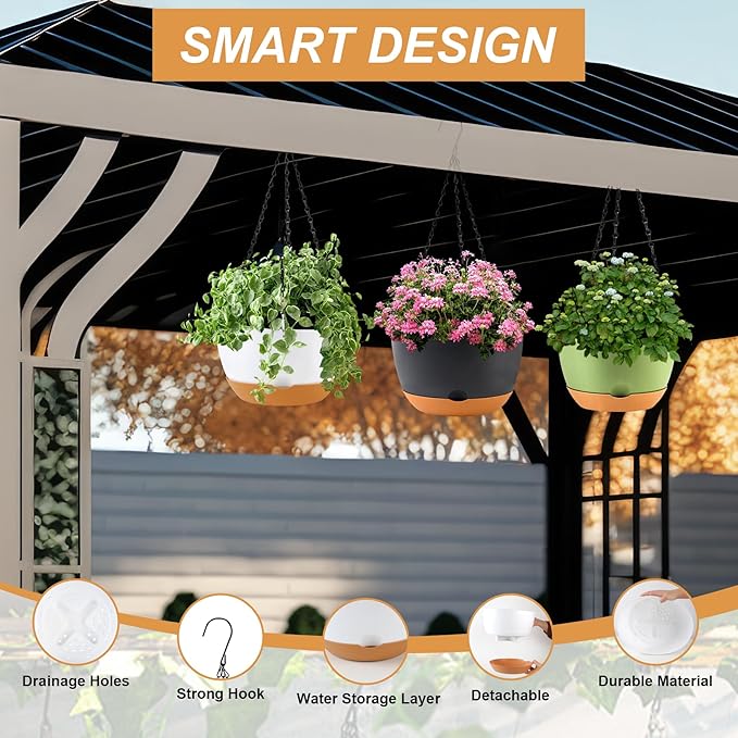 KPUVX 8/10/12 inch Plant Pot Hanging Planters Self Watering Pots for Indoor Plants, 3 Pack Plastic Hanging Basket with Removable Tray for Home Garden Porch Balcony Patio Decor(Black)