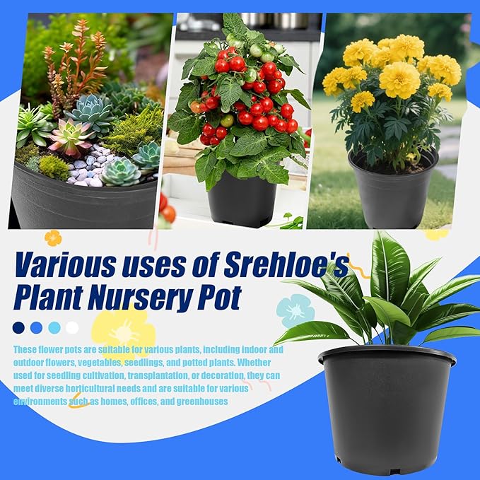 10Pcs 7 Gallon 14 inch Plant Nursery Pot Flower Seedling Injection Molded Container Plastic Garden Planter Pots with Drainage Holes Suitable for Vegetables Flowers Plants Black