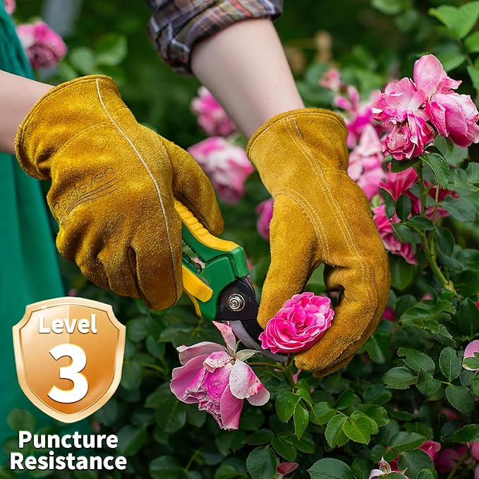 Leather Gardening Gloves for Men Women: Thorn Proof Cowhide Work Gloves for Yard Work Rose Pruning Heavy Duty