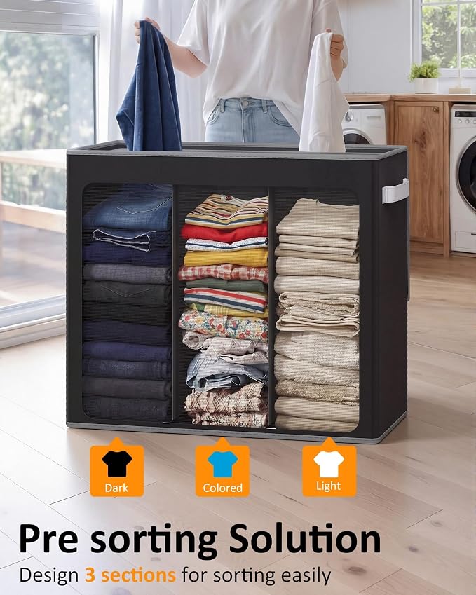 Optish 180L Laundry Hamper 3 Section, Large Hamper with Mesh Bags & Lid | Detachable 3 Inner Bags, Extra Large Laundry Basket Organizer for lots of Clothes, Pants, Bedroom, Bathroom, Load 50 lbs