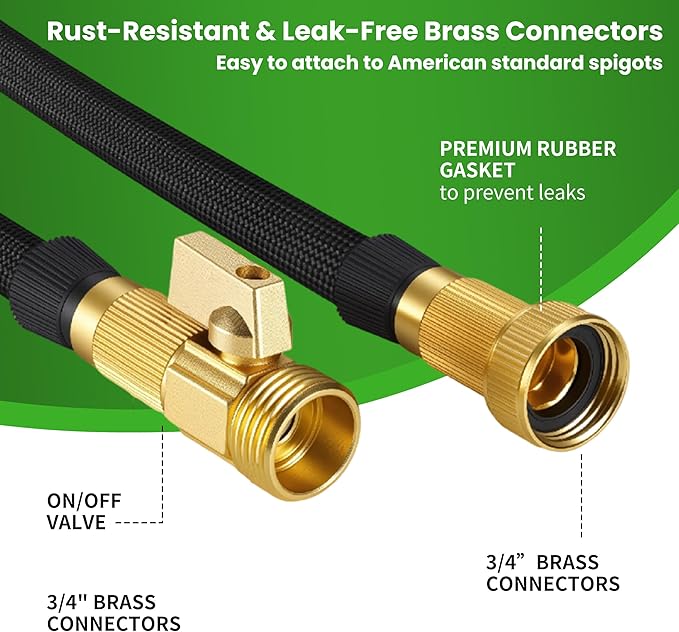 75ft Garden Hose – Lightweight & Flexible Water Hose, Leak-Proof Fabric & Non-Expandable with Shut-Off Valve for Yard, Outdoor Watering, Car Wash & RV