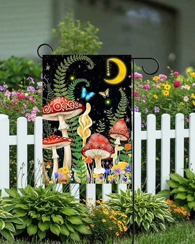 Fantasy Night Fairy Moon Star Mushroom Grass Butterfly Snail Garden Yard Flag 12"x 18" Double Sided Polyester Welcome House Flag Banners for Patio Lawn Outdoor Home Decor