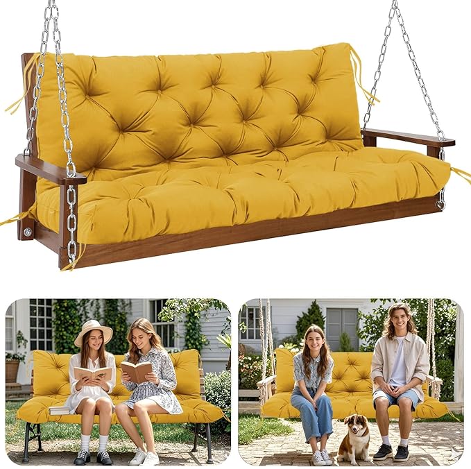 Premium 5"Thick Waterproof Outdoor Swing Cushions Sturdy Durable 2-3 Seat Replacement Porch Swing Cushions with Backrest&Ties Bench Cushion for Outdoor Furniture Backyard Patio(Yellow48x40in)