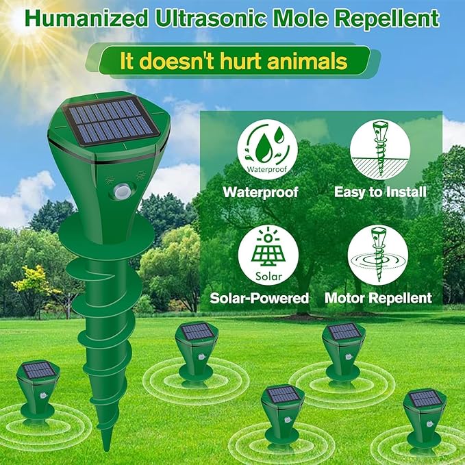Mole Repellent Solar Powered, 4 Pack Ultrasonic Gopher Repeller IP65 Waterproof for Lawn Garden Yard, Sonic Vole Repellent Outdoor Get Rid of Snake Groundhog Chipmunk Squirrels, Green