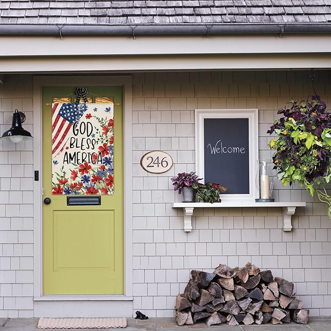 AVOIN colorlife 4th of July Patriotic Memorial Day House Flag 28x40 Inch Double Sided Outside, American Stars and Stripes God Bless America Floral Yard Outdoor Decoration