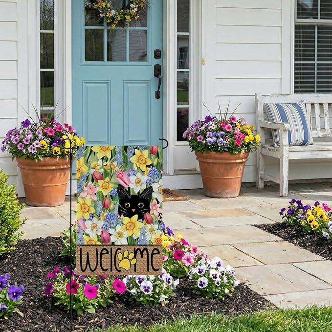 CROWNED BEAUTY Spring Garden Flag Black Cat 12x18 Inch Double Sided Small Seasonal Holiday Floral Decoration for Outdoor Lawn Yard